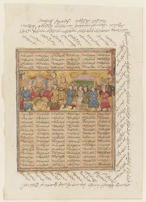 Painting with a golden ground extending across the entire page dissecting six columns of text. A crowned male figure sits at the left.  A female figure also crowned stands before him. To the left is her retinue, attendants, horses, and elephants arrayed behind her. 