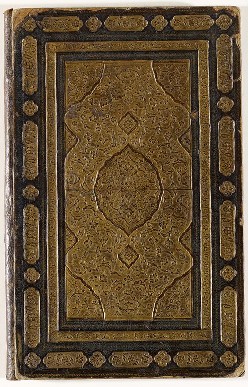 Single cover of the exterior brown leather bookbinding with large rectangular panel of gold-stamped floral motifs and cloud bands, with raised central medallions and corner pieces with similar motifs, border bands with floral cartouches