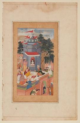 Figures sitting on a roof top with books spread between them, one figure sits with the Brahmin priests by the small domed shrine of an idol