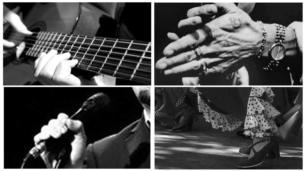 A collage of close ups: of a guitar and hand, hands clapping, feet dancing under a swirling skirt, a mic and mouth. 