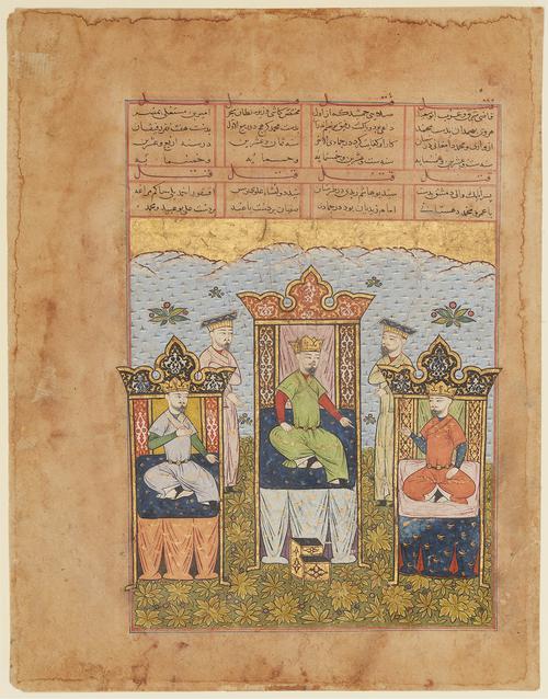 Four column text box at the top of the painting of  Three crowned figures sit on raised ornately-illuminated thrones, with two attendants waiting behind them. Figure on the left wear’s lilac, centre green and right orange. A gold set of steps is place in front of the centre throne. 