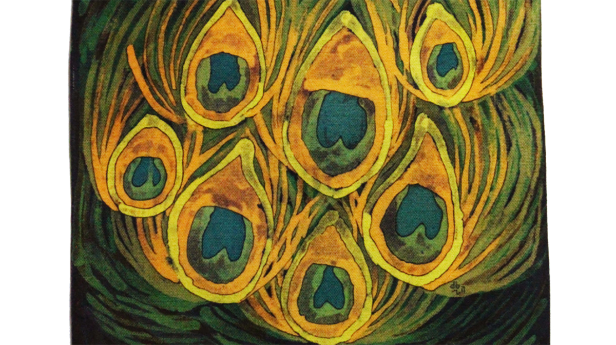Vibrant golden-yellow peacock feathers on a dark background demonstrate the Modern Batik technique.