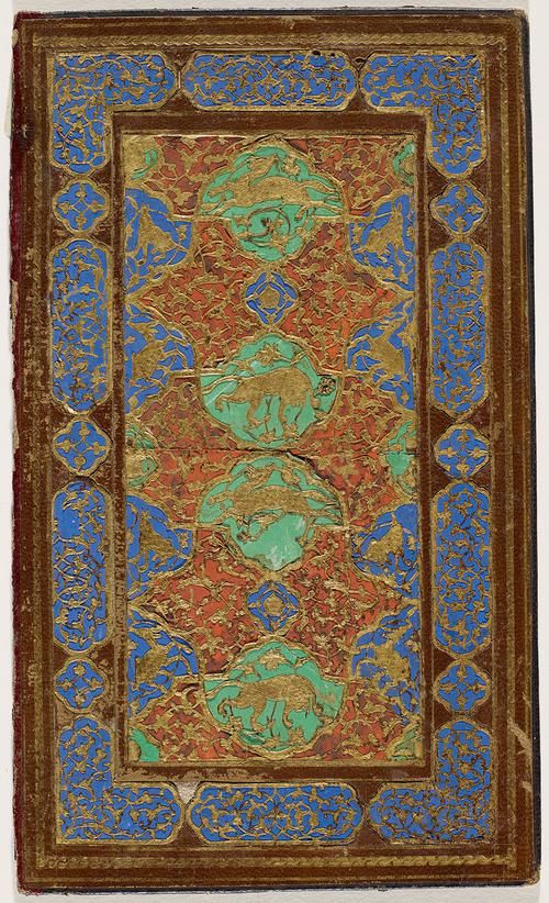 One side of book binding containing fine ornamental gold work. Border is composed of blue and gold scrolls. The inner decoration is red, mint-green and blue with animal-like motifs within a thick blue border