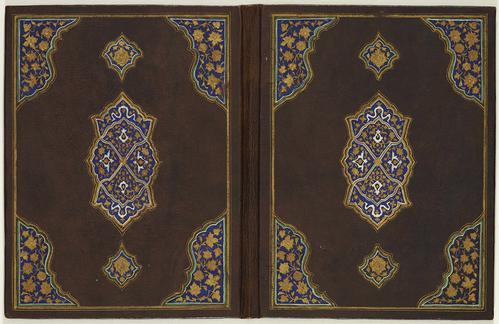 Outer cover of brown leather Turkish book binding laid flat, with ornamental floral corner decorations in navy blue, teal and gold. Centre decoration has similar motifs with extra white florals, both sides are a mirror image of one another. 