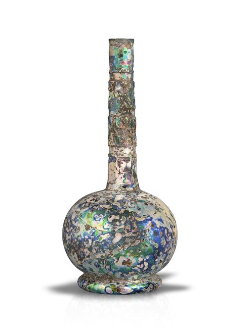 Bottle with spherical body and tall tubular neck on short foot, the body plain save for a simple band cut around the shoulder, the neck wheel-cut with four bands of faceting, polychrome iridescence colouring
