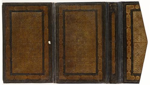 Brown leather bookbinding consisting of a front cover, spine, back cover, and two-part pointed flap. All tooled with a detailed border and central pattern.