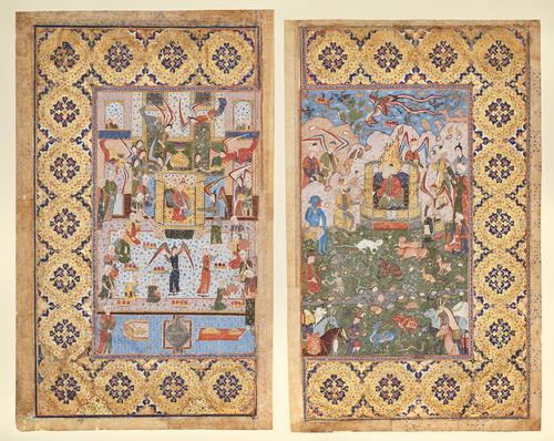 Two rectangular paintings inside a decorated gold border. Paintings show two figures sitting on thrones. One is inside a palace while winged and seated figures surround them, while the other is outside in a garden, surrounded with figures, supernatural figures, and animals.
