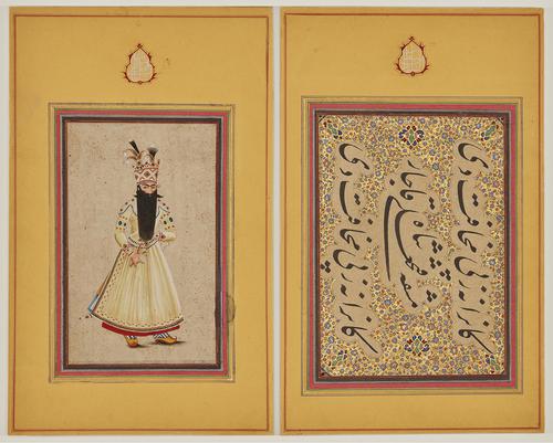 Two paintings with large yellow-and-red borders and calligraphic seals on the top. One shows a bearded man in a cream costume with blue and red decoration and a plumed, decorated hat. The other has three lines of calligraphy surrounded by floral vine decoration.