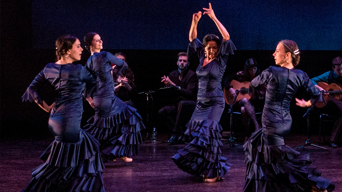 A troupe, wearing blue ruffled dresses, dance Flamenco on stage.
