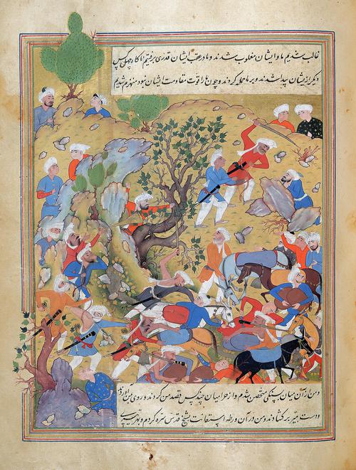Folio with a captioned painting showing a large group of bandits attacking travellers and stealing their belongings, while men and mules alike flee. In the upper right, a bearded man hides behind rocks while two bandits attack him. In the centre, a banding shoots arrows from behind a large tree.