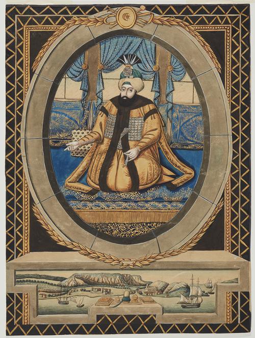 This portrait depicts a seated man, wearing yellow robes, at the centre of an oval window wreathed in gold laurels. Beneath is a panoramic view of the sea, with an arrangement of objects (a turban, five books, and an incense burner) resting on a stone ledge.