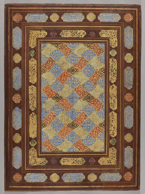Exterior binding of a manuscript, with large rectangular panel of fine gold-stamped floral motifs and cloud bands, with raised central medallions and cornerpieces with similar motifs in two shades of gold, inner border bands of floral cartouches, outer border bands of calligraphic panels; doublure of brown morocco with central rectangular panel and border bands of fine gilt and black filigree over coloured grounds.