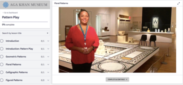 Screenshot of the online education platform, with an educator standing in the Aga Khan Museum permanent gallery.